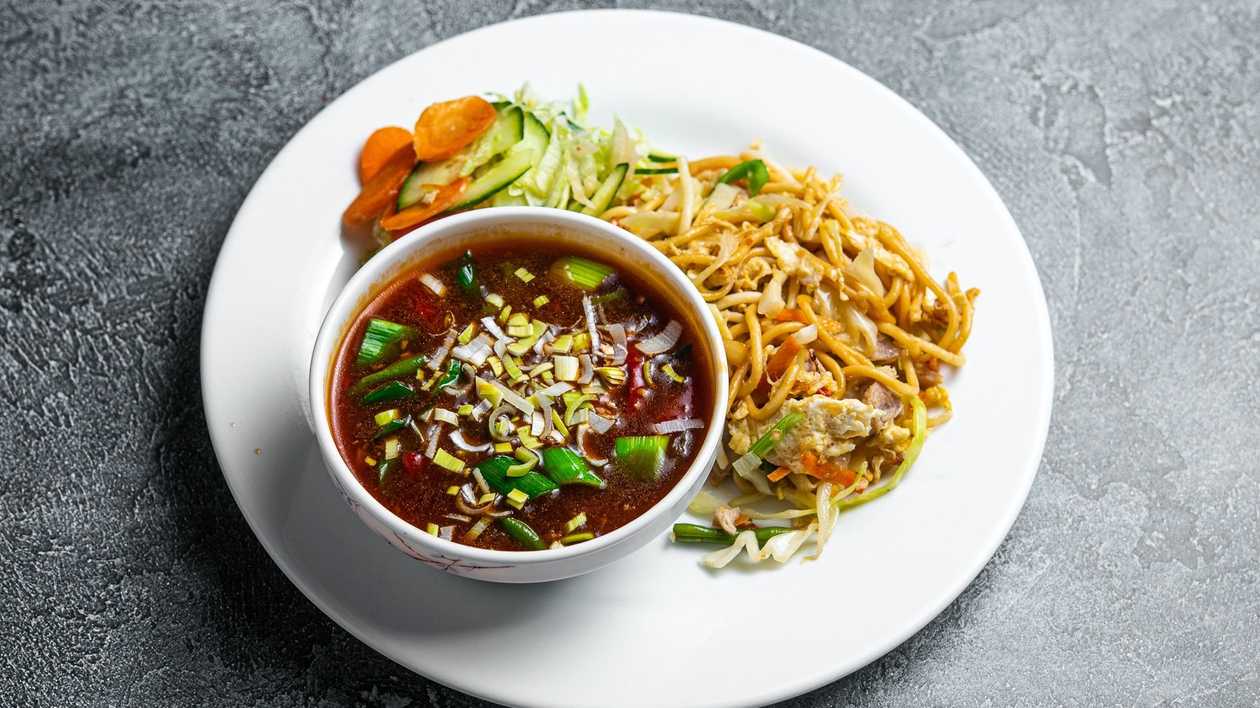 Chicken in Oyster Sauce with Egg Noodles and Salad