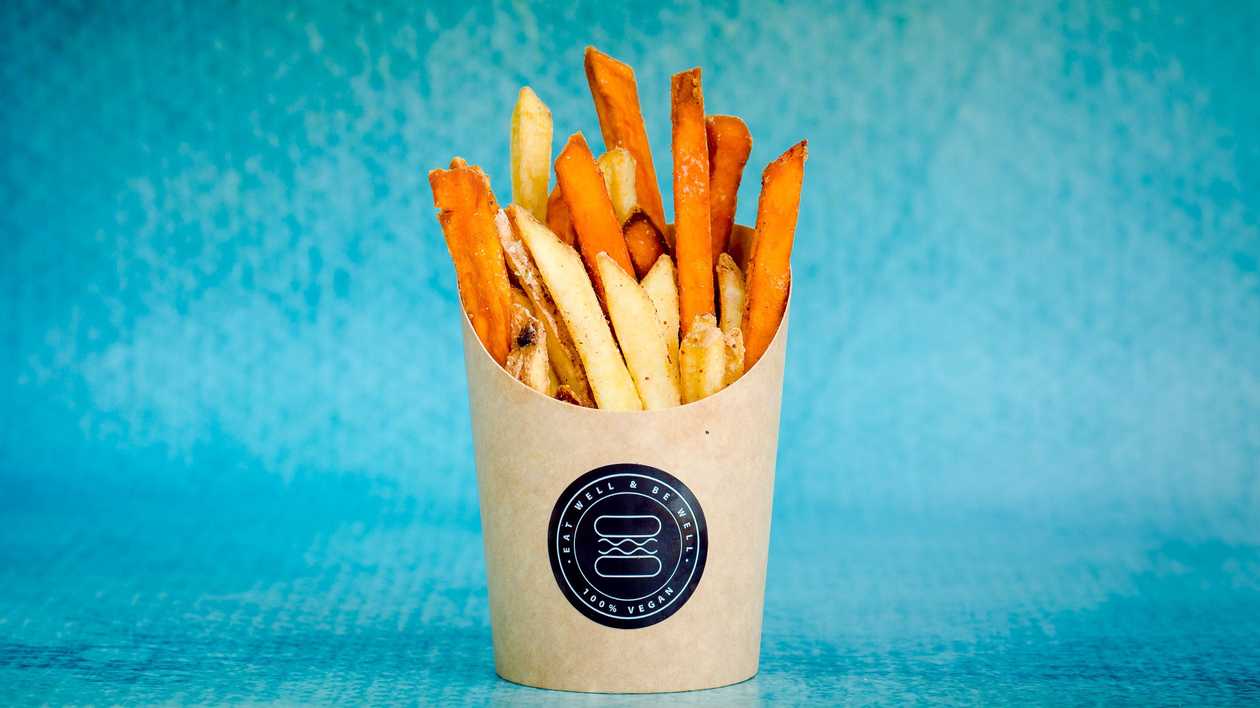 50/50 french fries with Mediterranean spices and sauce
