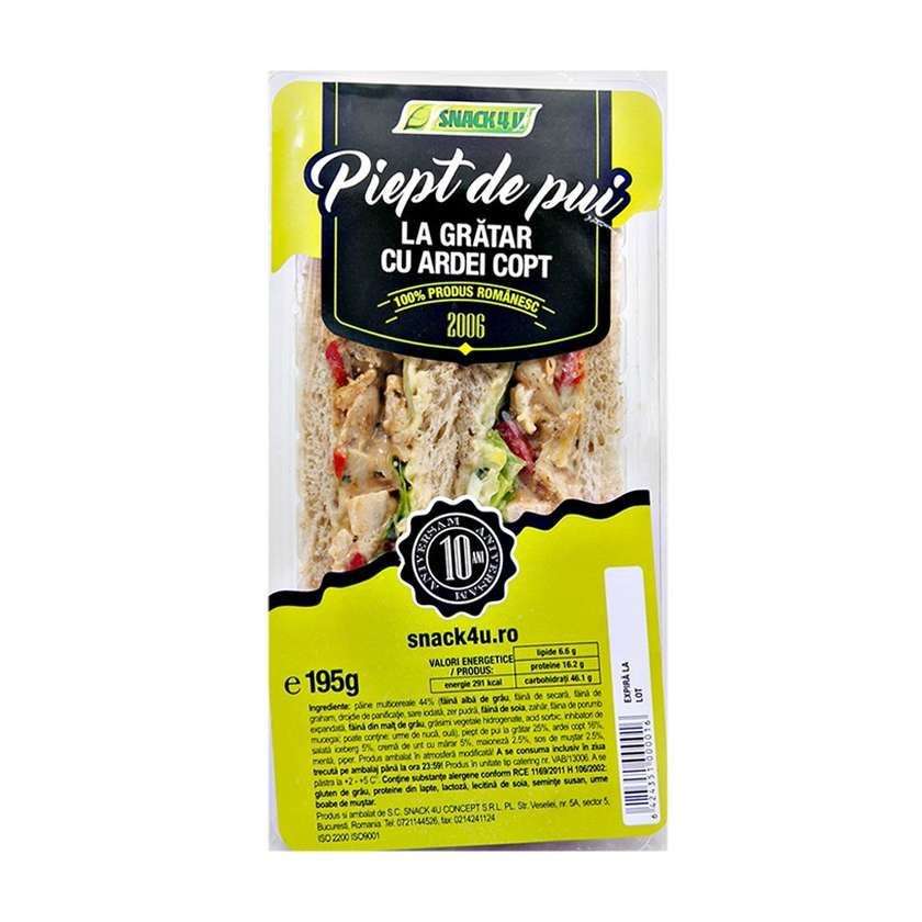 Snack 4U, Sandwich Triunghi cu Piept de Pui si Ardei Copt, 195 g