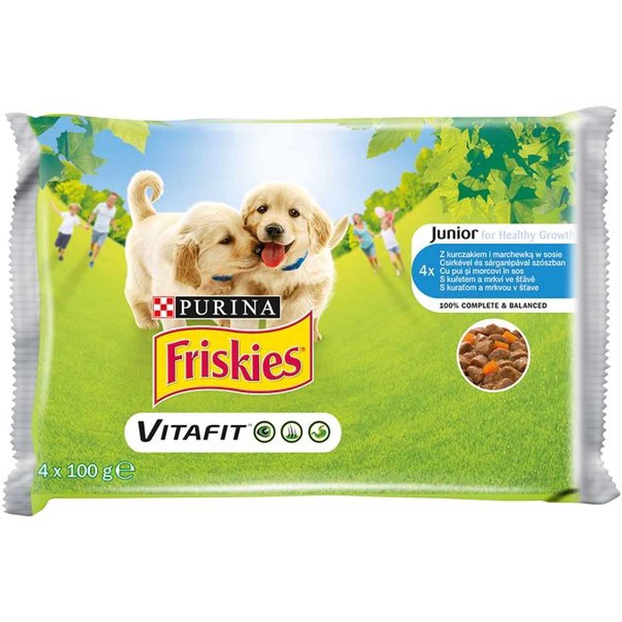 Friskies Junior, Hrana Umeda pentru Caini cu Pui si Morcovi in Sos, 4x100 g