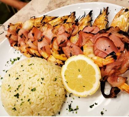 Shrimp and Bacon Skewers with Garlic Rice