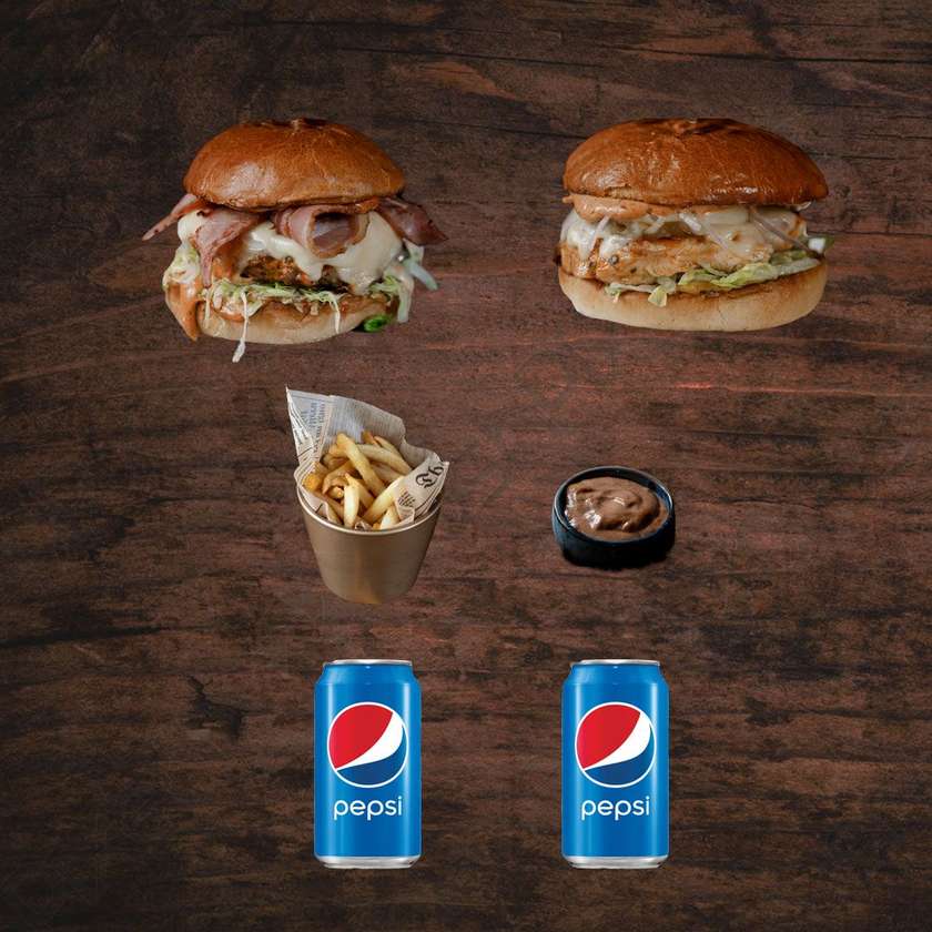 IGGI burger + CHICKEN burger + frIES + IGGI sauce + 2x Pepsi 0.33