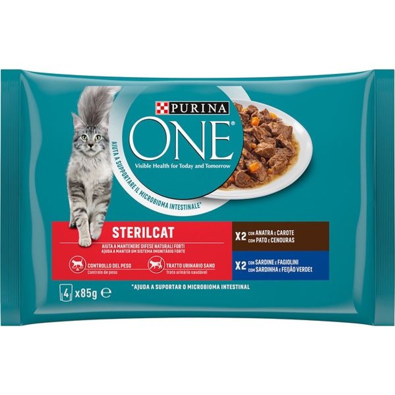 Comida Húmida Para Gato 2 de Pato e Cenouras 2 de Sardinha e Feijão Verde Purina One 4 x 85 gr