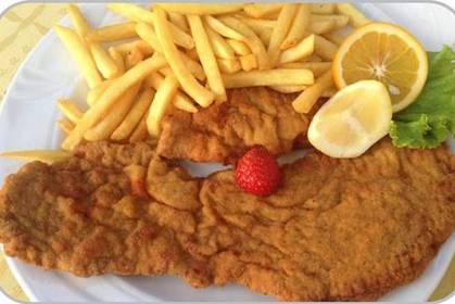 Breaded Chicken with Fries and Rice