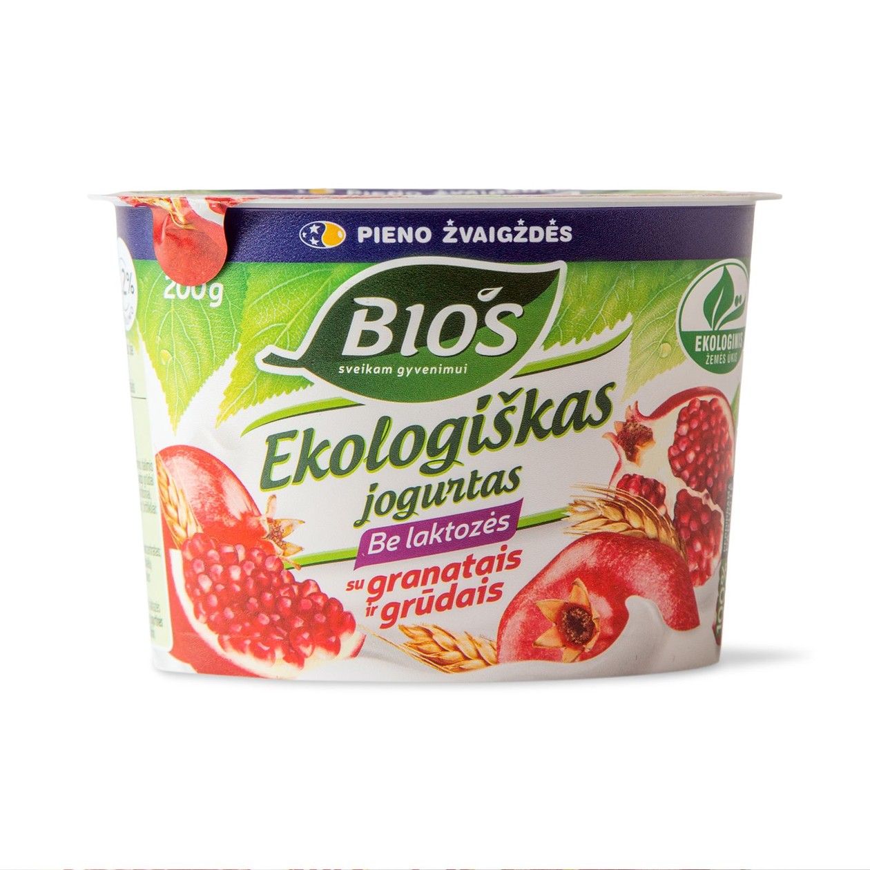 Ekologiškas jogurtas be laktozės su granatais ir grūdais BIOS (3,2%), 200g (baigiasi galiojimas)
