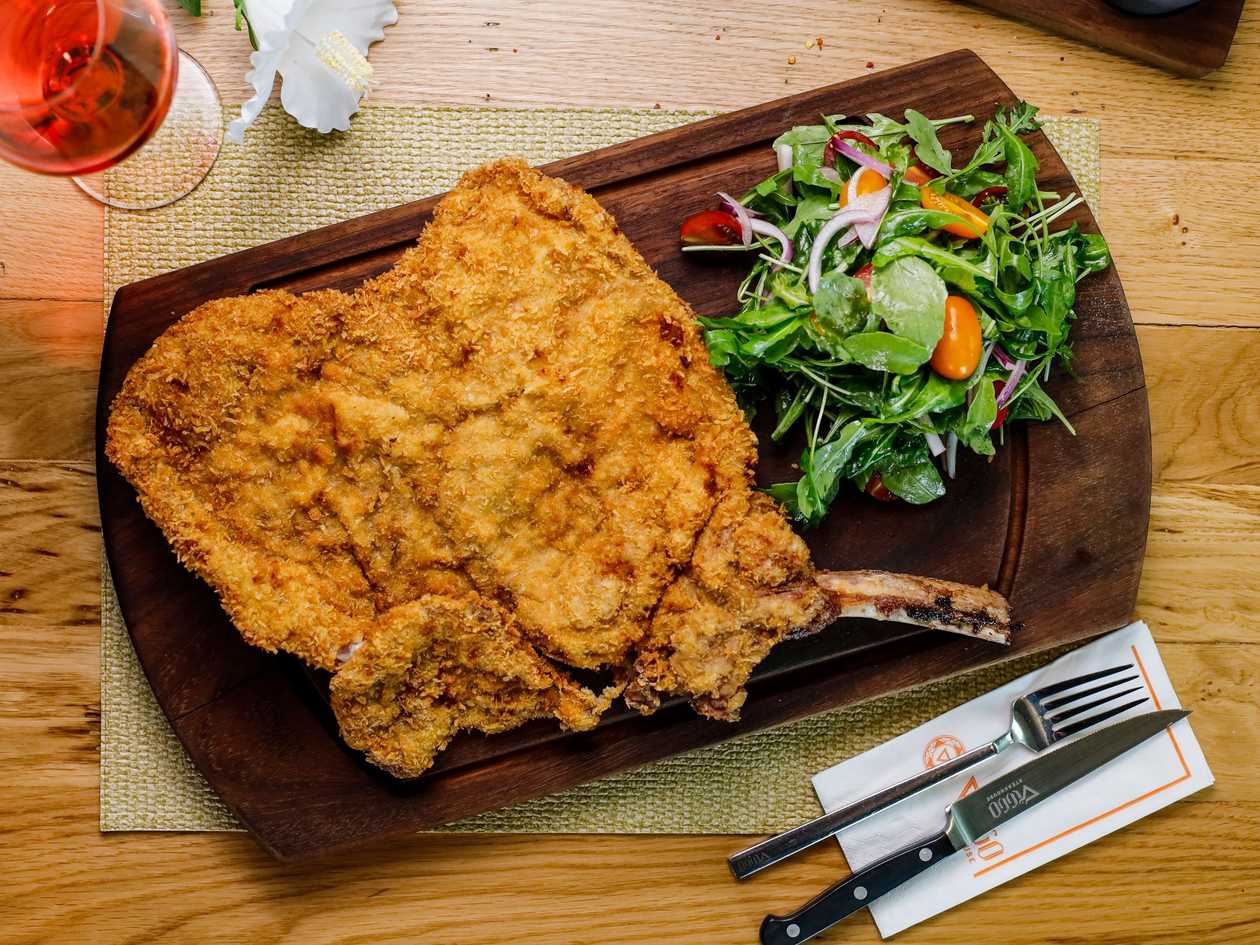Veal Chop Schnitzel and Arugula