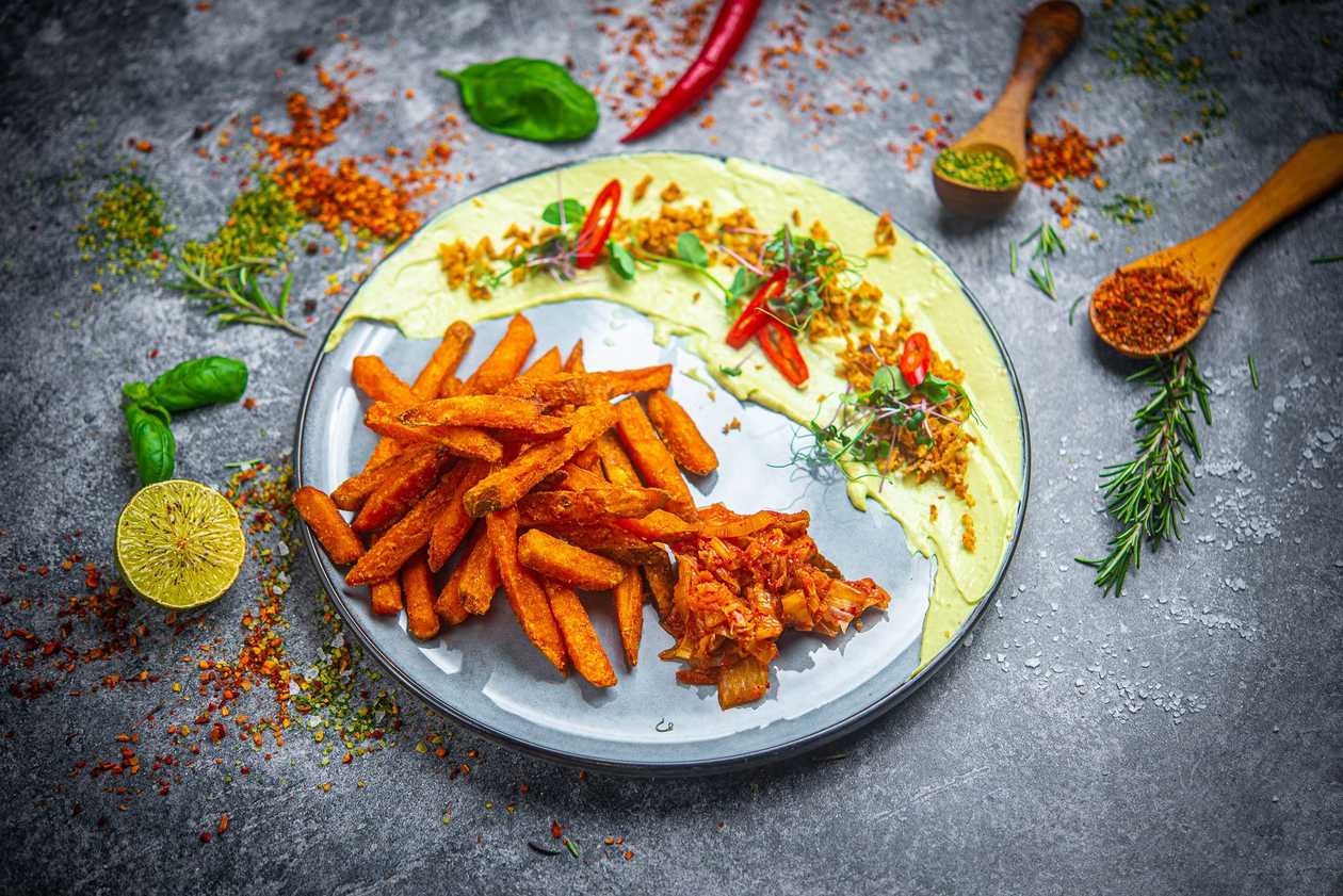 Sweet potato fries with homemade kimchi