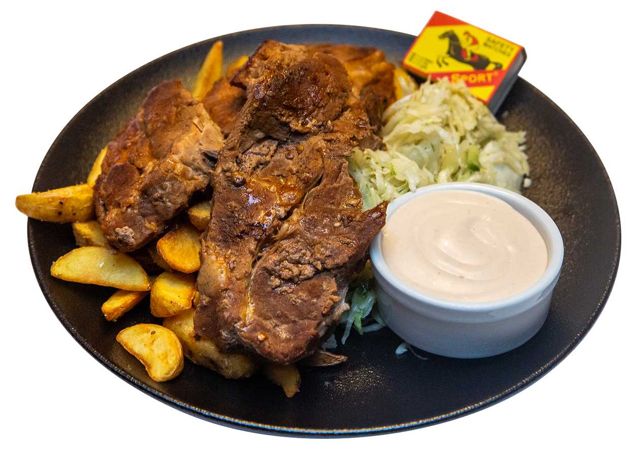 Pork roast in teriyaki sauce with french fries or potato wedges