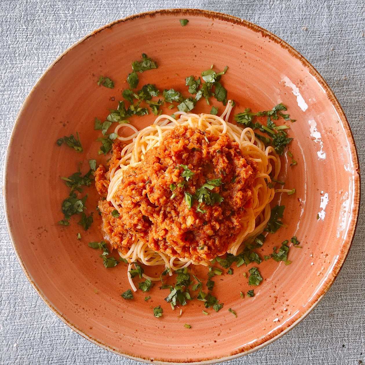 Soy Bolognese in Whole Wheat Spaghetti Nest