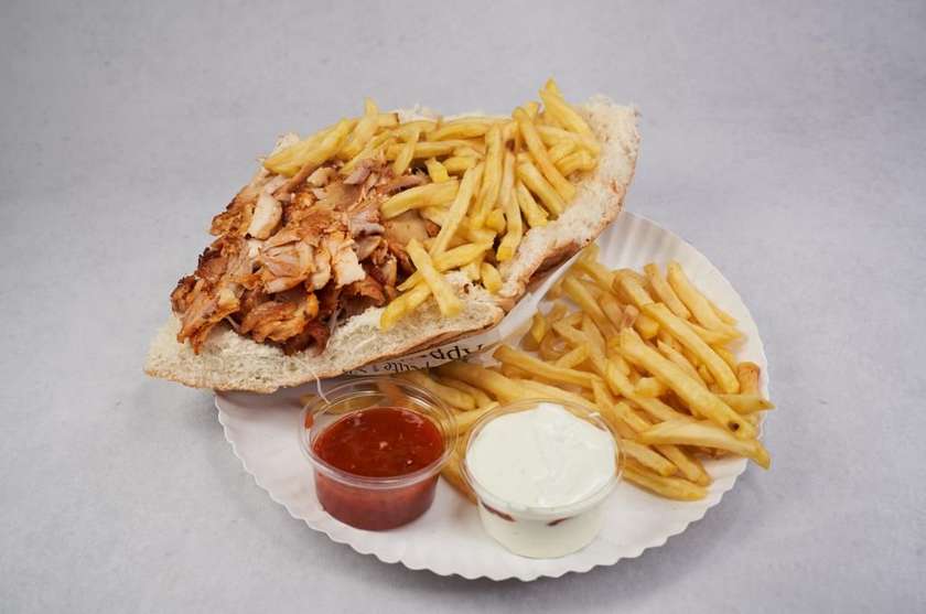 Kebab in Thick Bread with French Fries and Meat