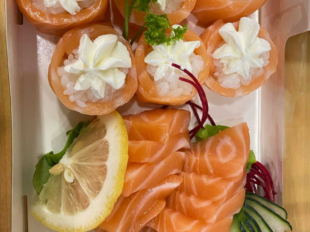Salmon Sashimi + Salmon and Cheese Roll