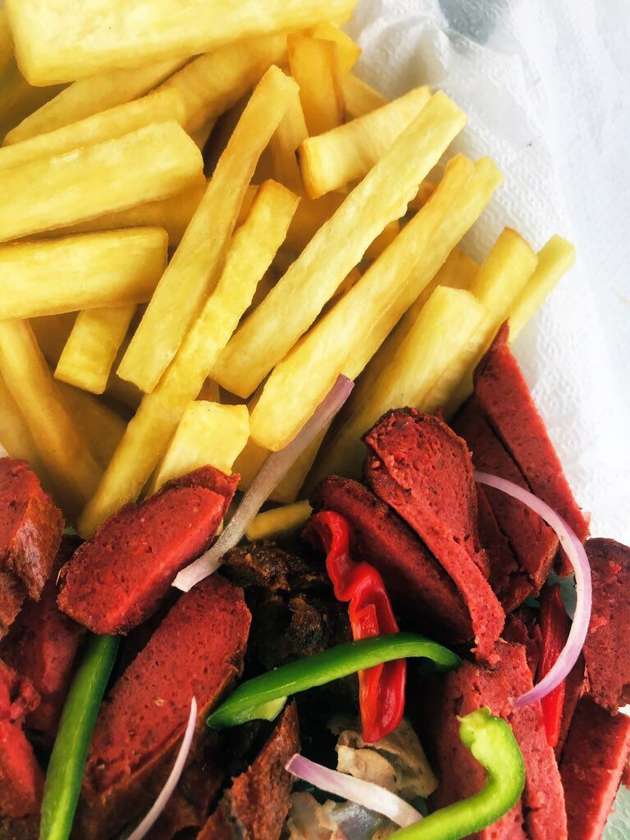 Yam Chips with Egg and Sausages