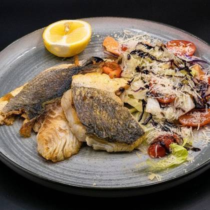 "Meuniere" sea bream fillets with butter lemon sauce, capers and fried rice