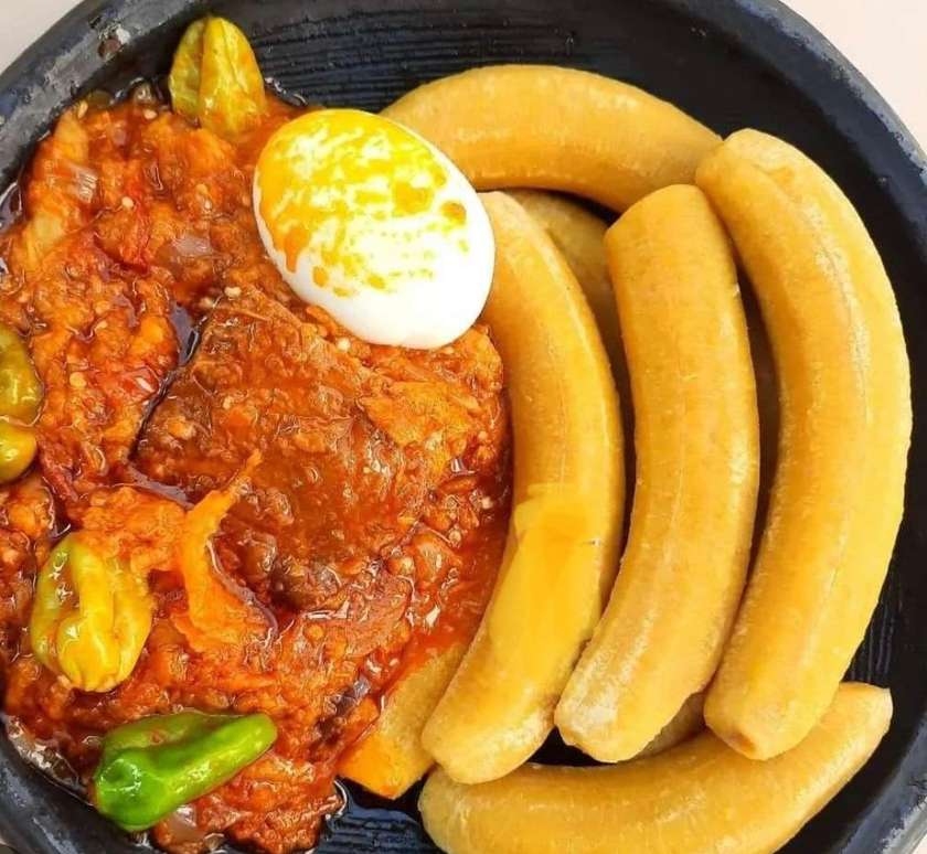 Boiled plantain with egg stew