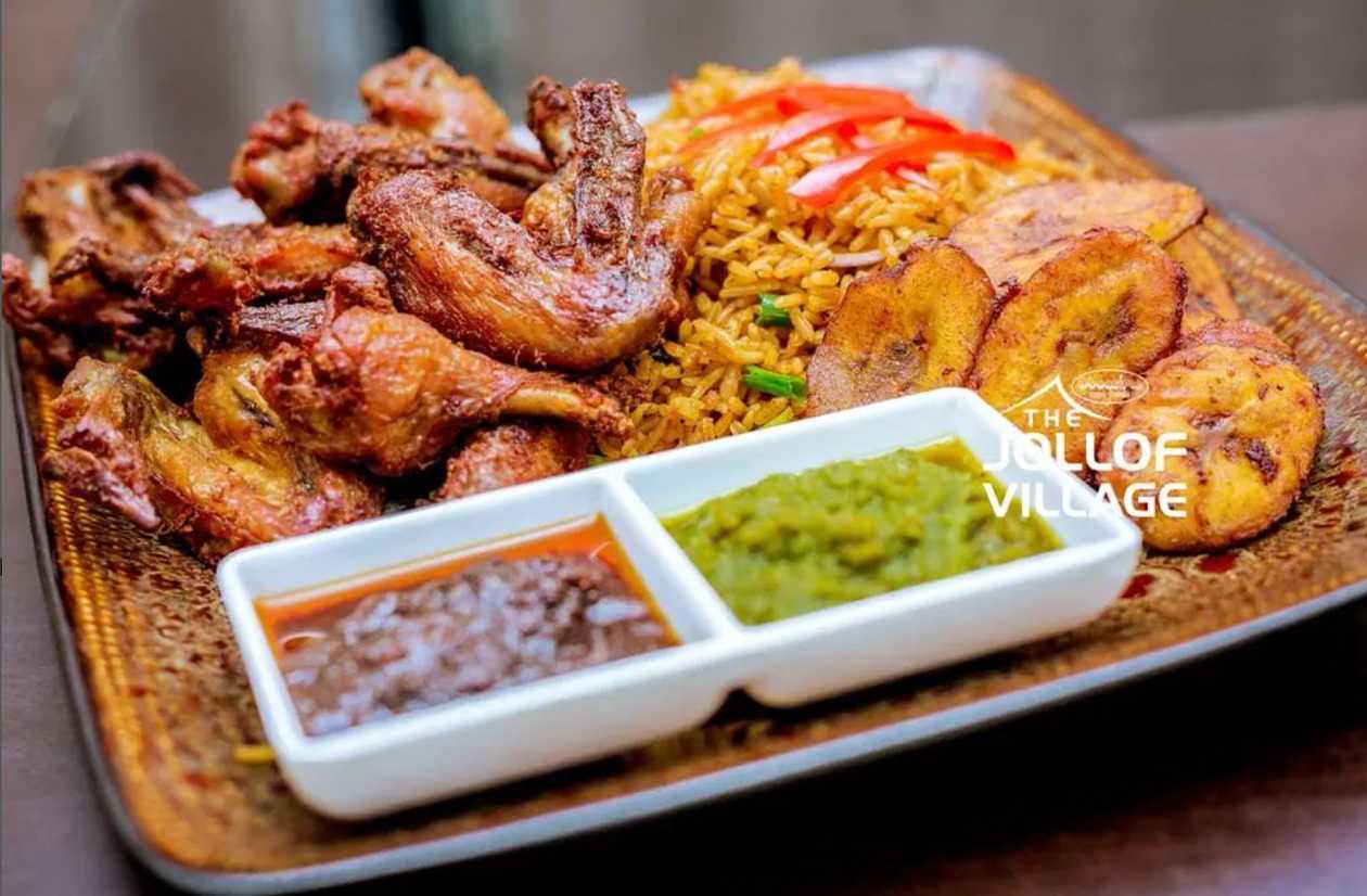 Spicy Chicken Wings and Jollof / Fried Rice with Fried Plantain