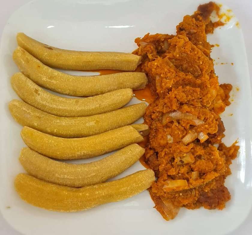 Plantain or Yam with Garden Eggs Stew (Salmon)