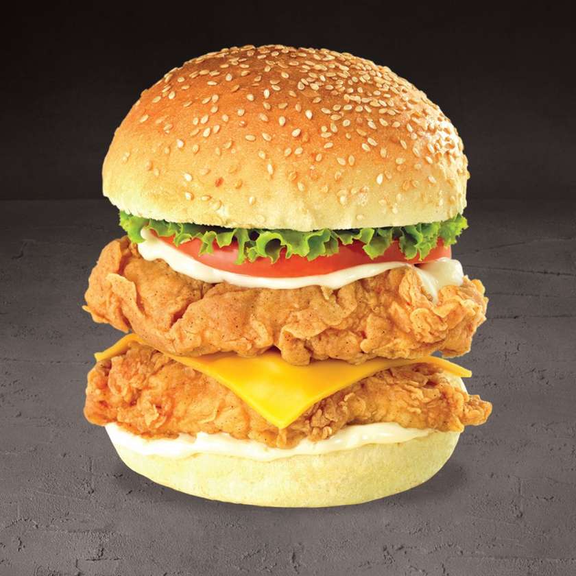 Double Chicken Cheese Burger and Chips