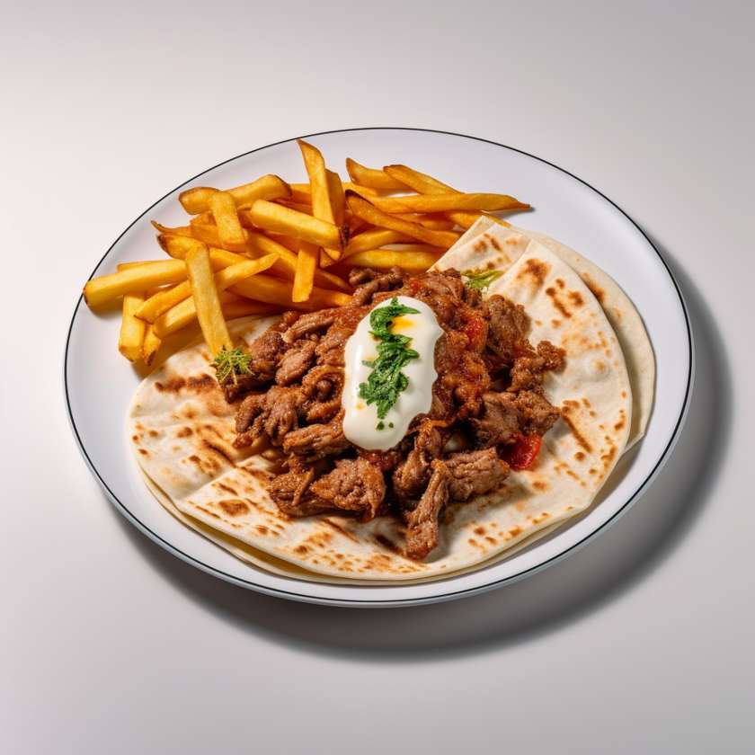 Tortilla with spicy beef and French fries