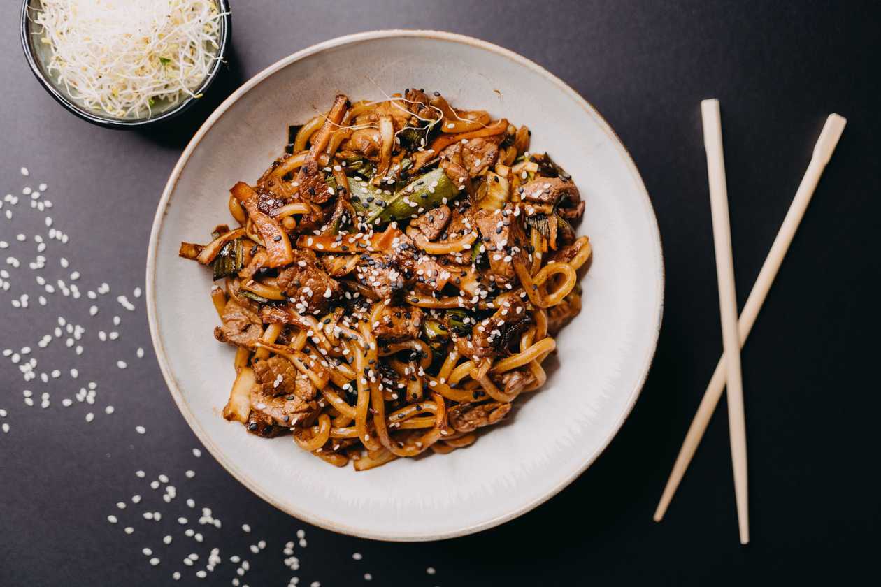 Udon noodles with shrimps