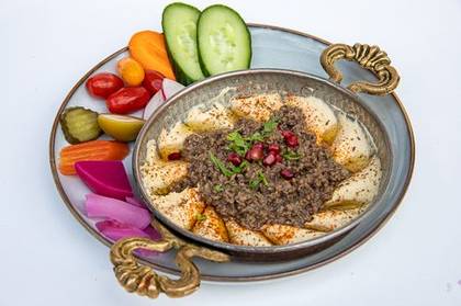 Hummus with Vegan "Meat", Walnuts and Dates
