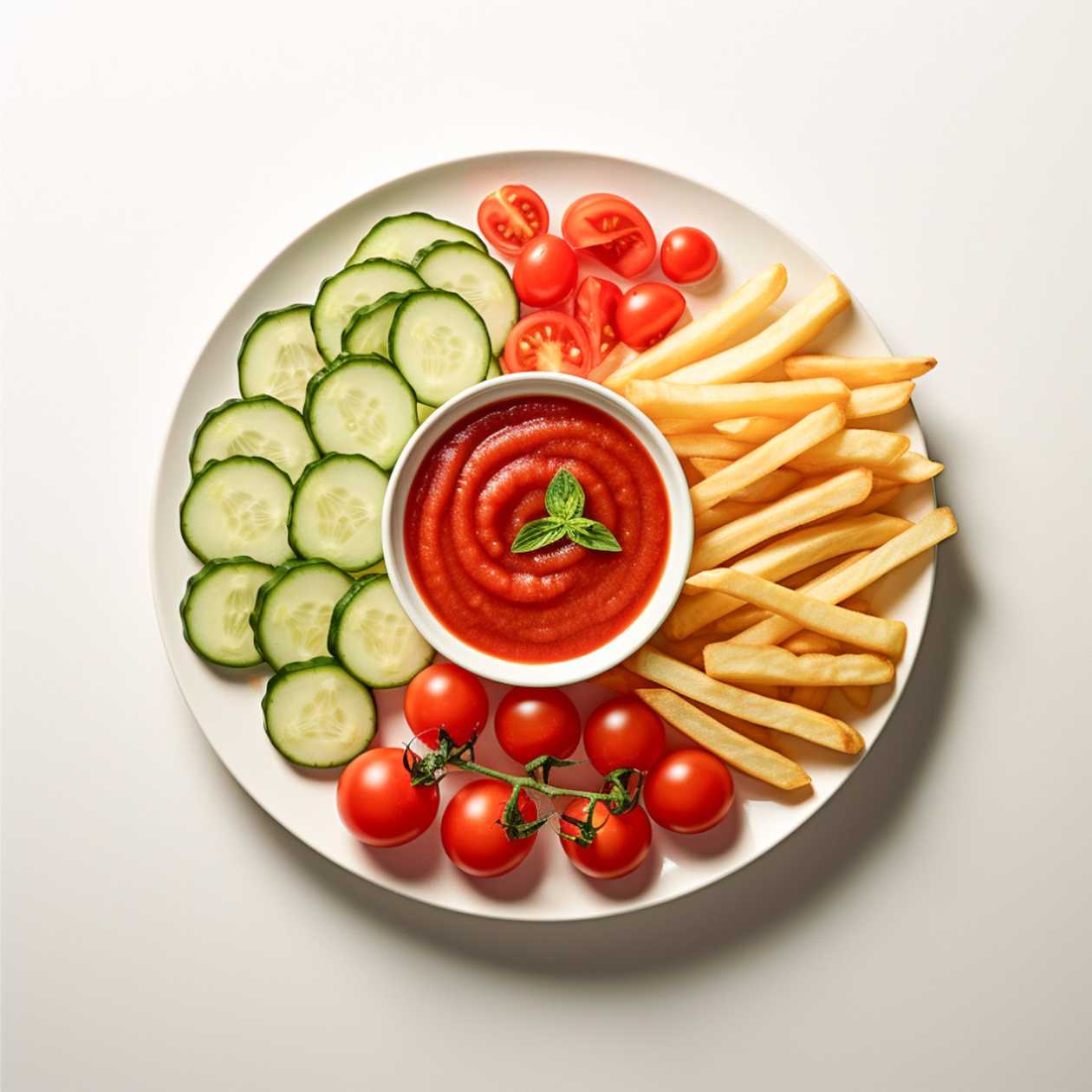 French fries with tomato sauce, tomatoes and cucumber