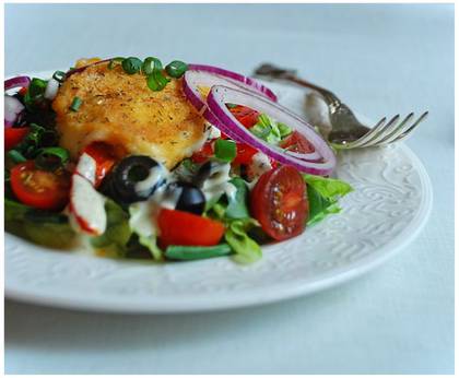 Salad with fried mozzarella bubble