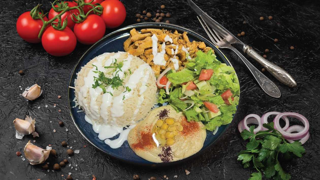 Chicken Shawarma with rice hummus and salad