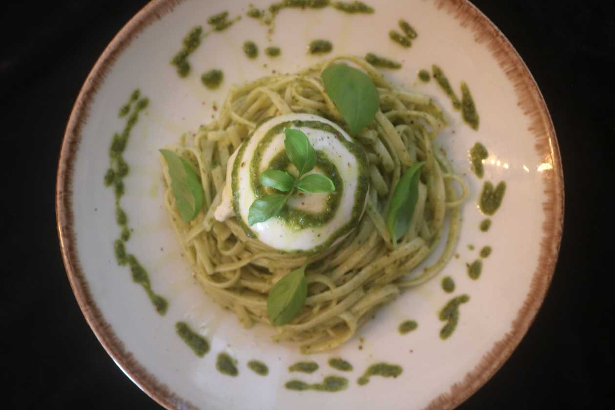Linguini with Pesto and Truffled Burrata
