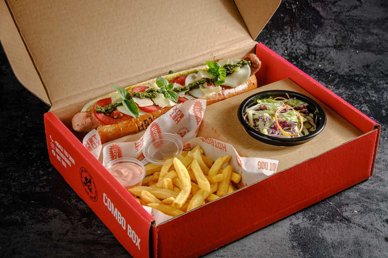 Caprese Dog + Salad + Potatoes + Drink