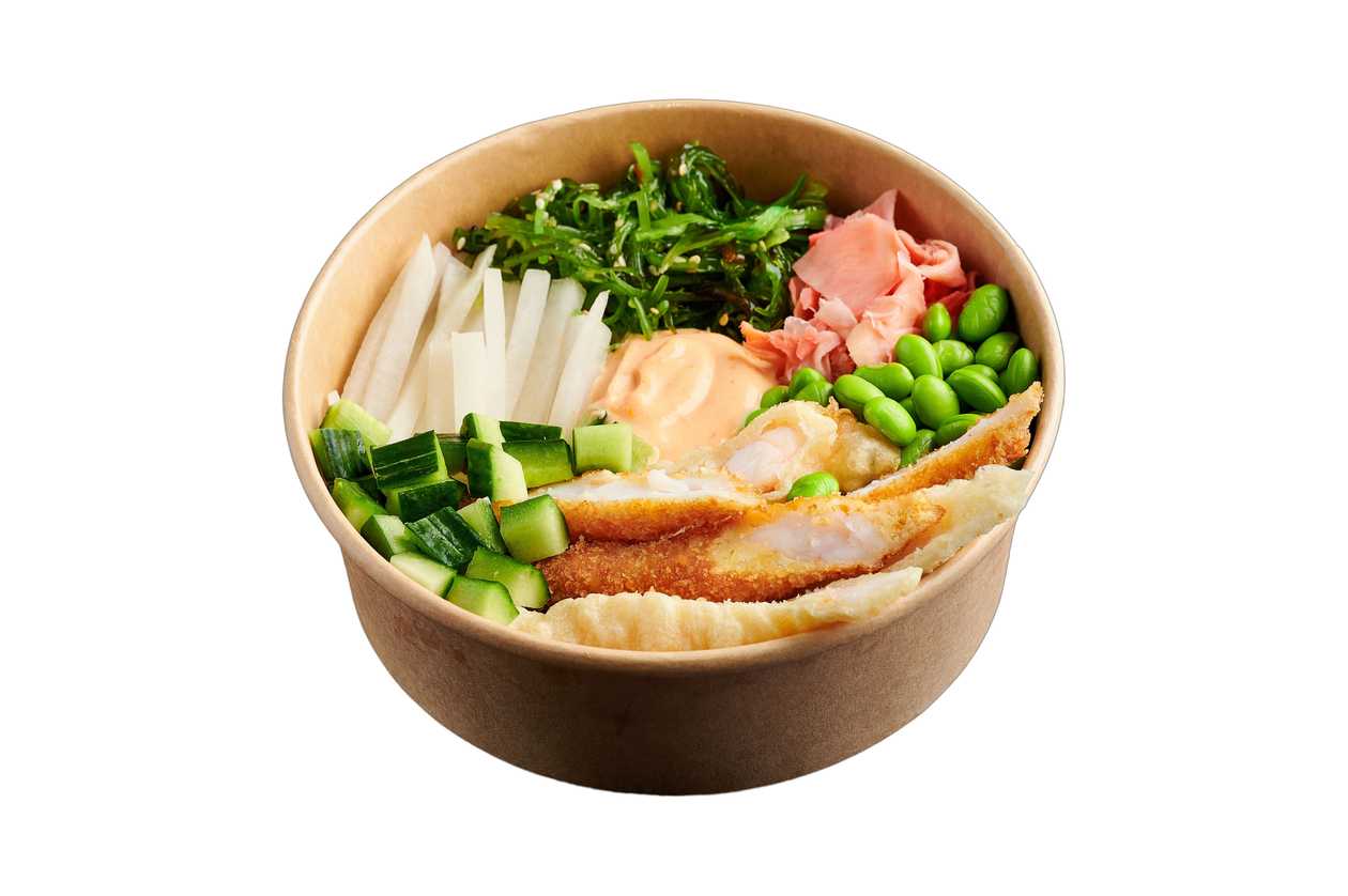 Donburi with crispy tiger prawns