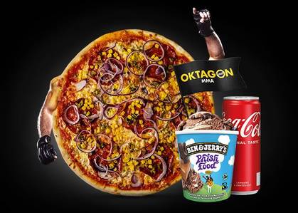 Oktagon menu pizza Mexicana with drink and Pishfood ice cream 465 ml