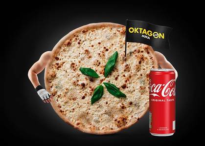 Oktagon menu pizza Quattro Formaggi with drink