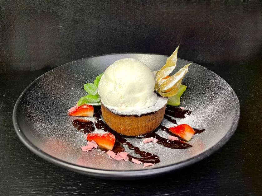 Chocolate lava cake with caramel sauce