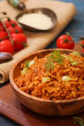 Jollof with Chicken,Sausage and Salad