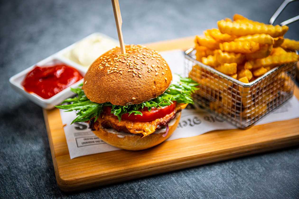 Chicken burger with fries