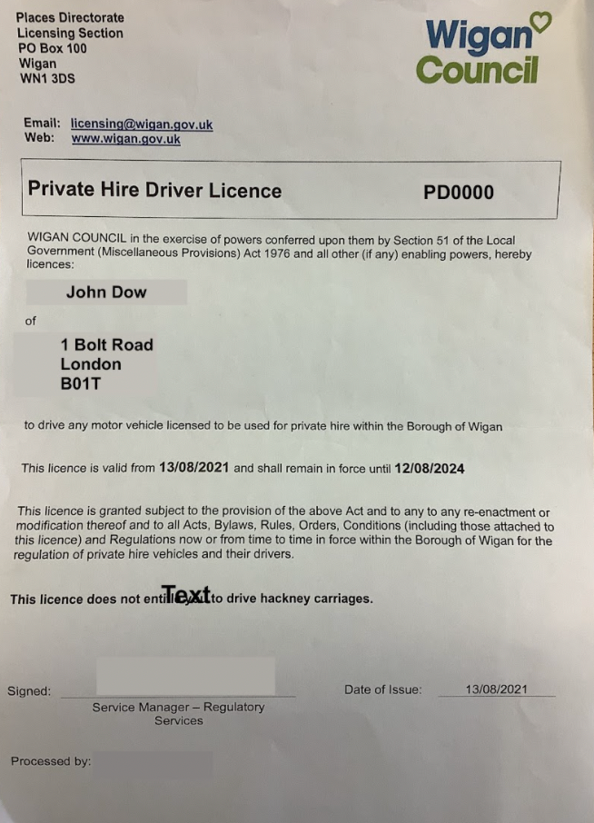 Private Hire Driver Licence Image