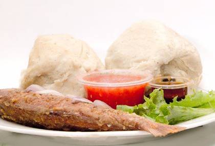 Kenkey and Fish, Shrimps, Egg, Sausage