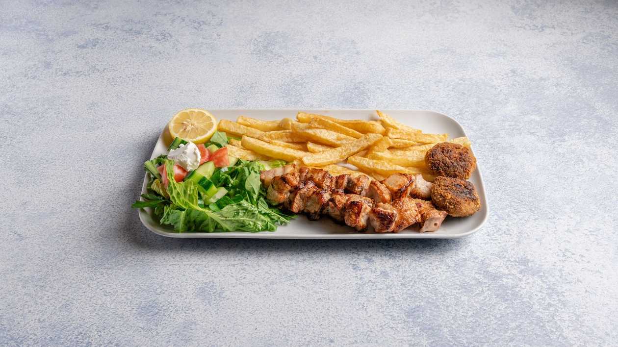 Pork Souvlaki With Grilled Meatballs Portion