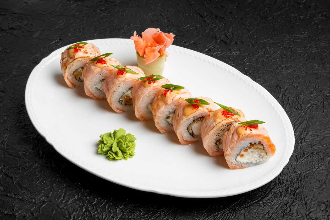 salmon caviar and shrimp, branded roll with fried salmon