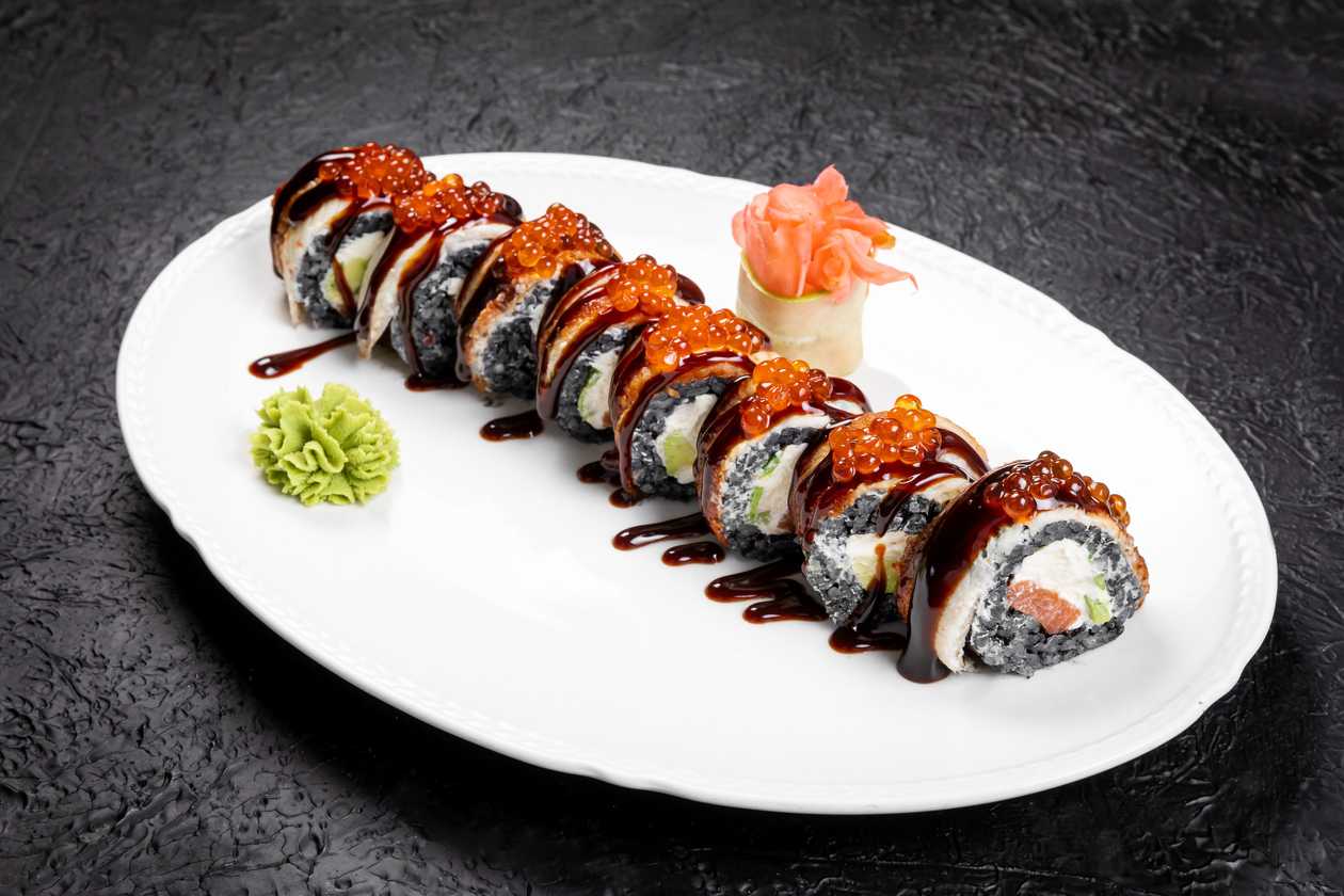 Black dragon roll with salmon caviar