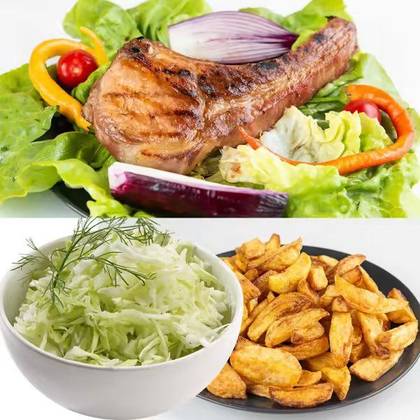 Pork chop with french fries and cabbage salad