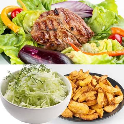 Pork neck with french fries and cabbage salad