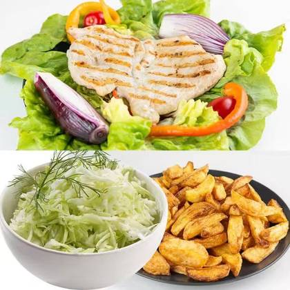 Boneless chicken breast with french fries and cabbage salad