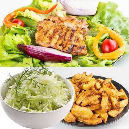 Chicken thighs with french fries and cabbage salad meal