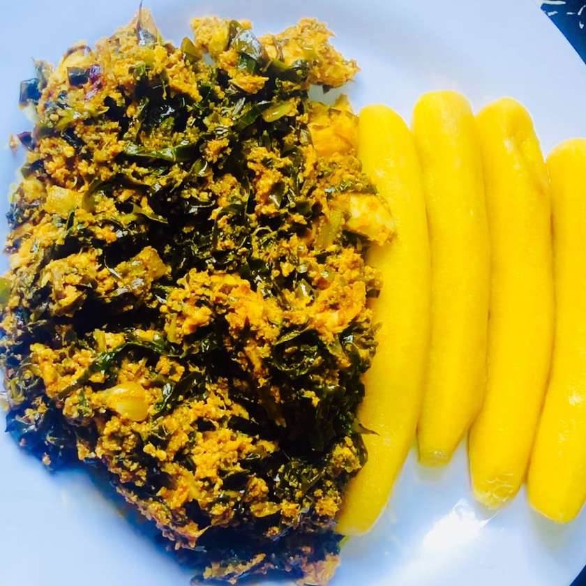 Plantain with Palava Sauce and Fish
