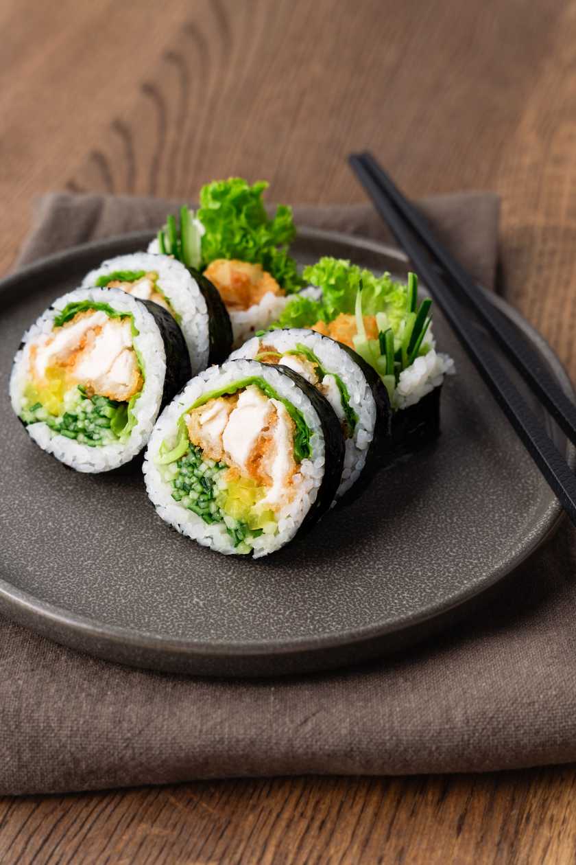 Butterfish in Panko, Mayonnaise, Lettuce, Cucumber, Turnip and Plum Sauce Futomaki