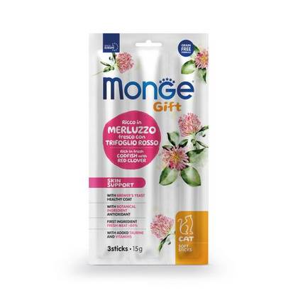 MONGE GIFT Cat Soft Sticks Skin support Codfish with red clover 15gr