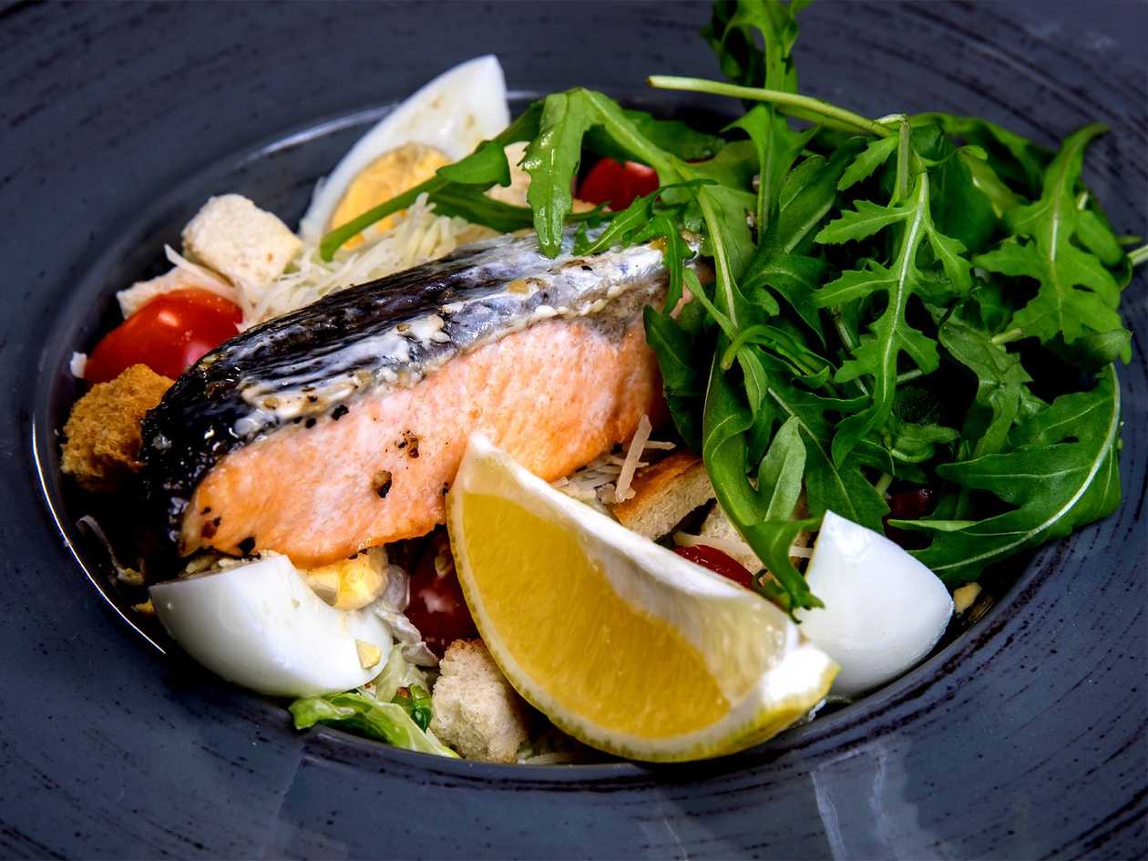 Caesar salad with salmon