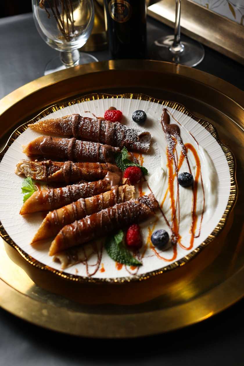 Pancakes with fruits and chocolate