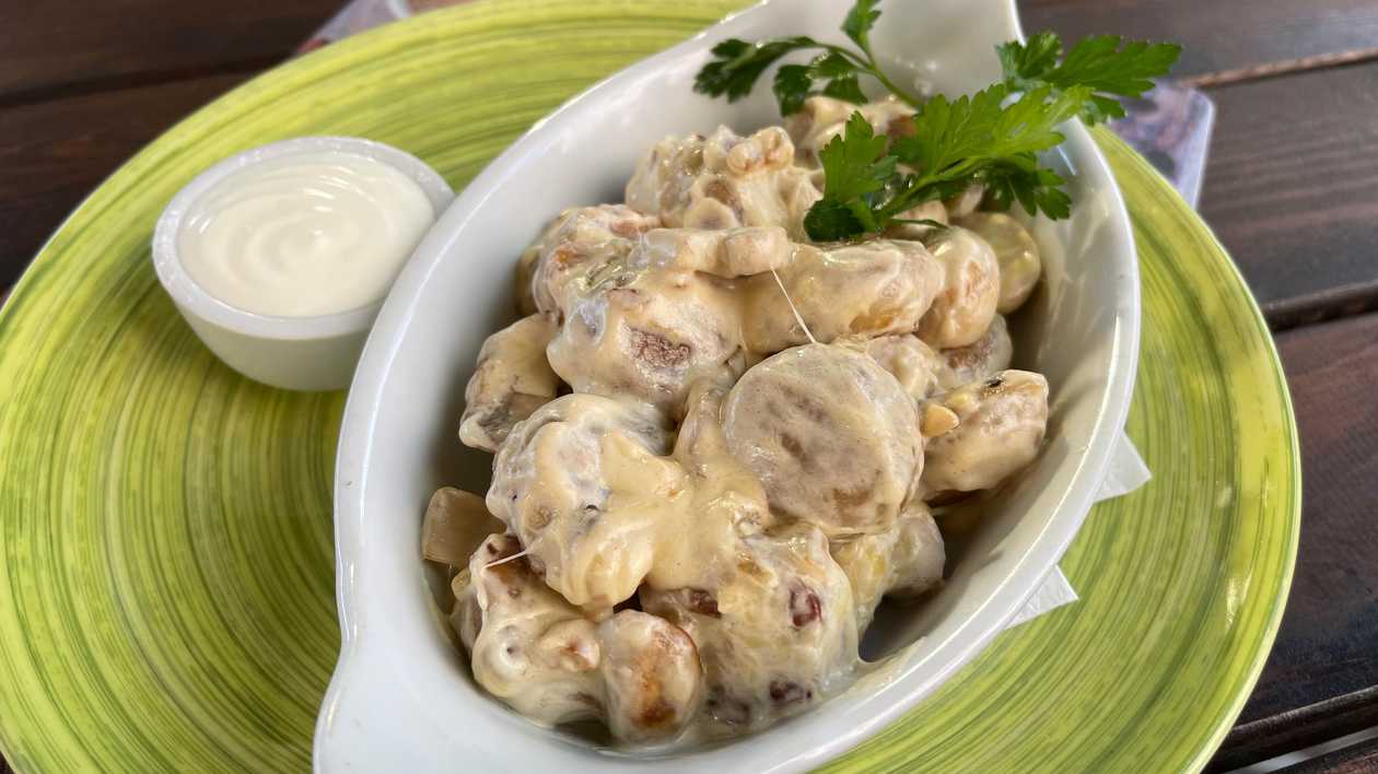 Homemade dumplings with chicken, mushrooms